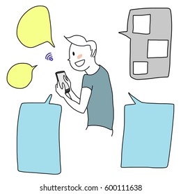 Cute man holding and touching smartphone screen surfing in the social network. Word balloons representing communication and chatting on line included. Vector illustration with doodle style. 