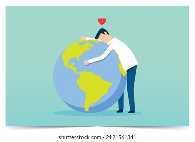 Cute man hugs a globe, care of the planet, flat postcard for the earth day, love is all around the earth, save the planet, Vector illustration design concept in flat style