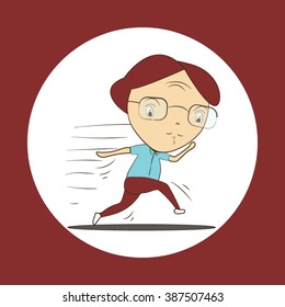 cute man in a hurry on white background and red frame