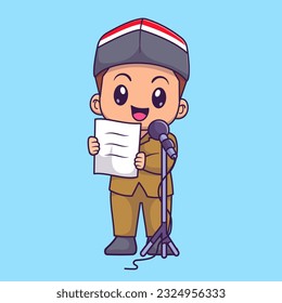 Cute Man Indonesian Reading Speech Cartoon Vector Icon Illustration. People Education Icon Concept Isolated Premium Vector. Flat Cartoon Style