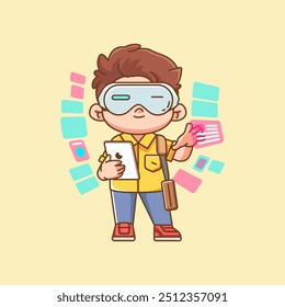 Cute man interact virtual reality glasses vr chibi kawaii character mascot illustration outline style set