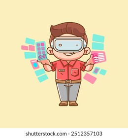 Hombre lindo interactuar gafas de realidad virtual vr chibi kawaii personaje mascota ilustración esquema conjunto de estilo