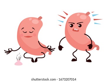 . Cute man internal organ angry and calm in yoga pose, cartoon, animation. Vector illustration