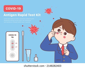 Cute Man In Japan Student Using Covid-19 Antigen Test Kit. Self-administrated Swab. Doodle Cute Cartoon Style.