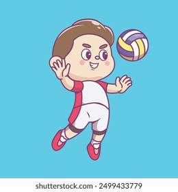 cute man jumps to smash volleyball character Vector mascot Illustration sport Isolated