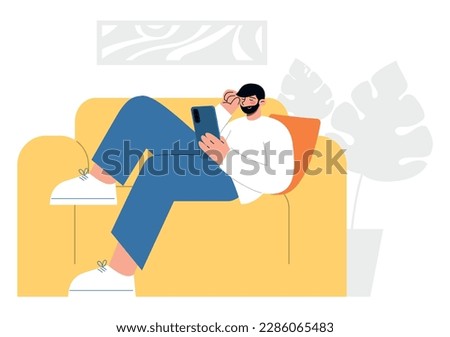 Cute man laying on a sofa and searching internet network with his phone. Flat vector minimalist illustration.