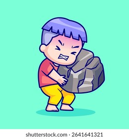Cute Man Lifting Stone Cartoon Vector Icon Illustration. People Nature Icon Concept Isolated Premium Vector. Flat Cartoon Style