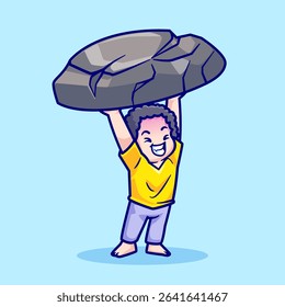 Cute Man Lifting Stone Cartoon Vector Icon Illustration. People Nature Icon Concept Isolated Premium Vector. Flat Cartoon Style