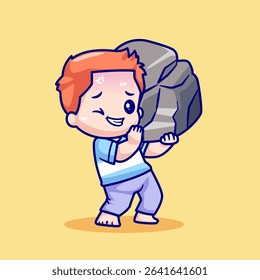 Cute Man Lifting Stone Cartoon Vector Icon Illustration. People Nature Icon Concept Isolated Premium Vector. Flat Cartoon Style