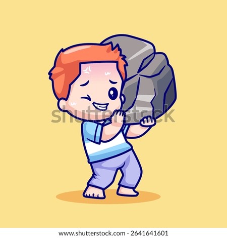 Cute Man Lifting Stone Cartoon Vector Icon Illustration. People Nature Icon Concept Isolated Premium Vector. Flat Cartoon Style