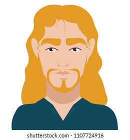 Cute, man with a long blonde curly hair and blue shirt. musician, artist, creative person, hipsters, fashionable guy . Modern vector flat design image isolated on white background