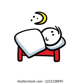 Cute Man Lying On The Bad Under The Blanket And Looking  On The Moon. Vector Illustration Of Dreaming People And Stars.