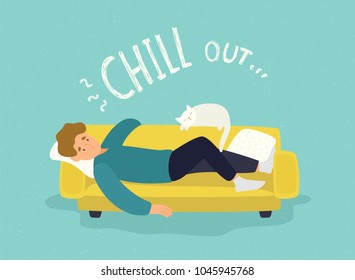 Cute man lying relaxed on yellow couch and Chill Out inscription. Cheerful guy resting on sofa with his cat. Repose, relaxation and recreation at home. Flat cartoon colorful vector illustration.