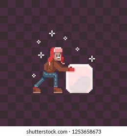 Cute man making a snowman. Pixel art style