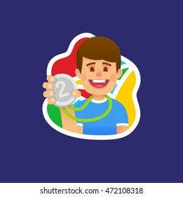 Cute man. Man and medal. Second place. Silver medal