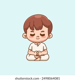 Cute man meditation yoga kawaii chibi character mascot illustration outline style design