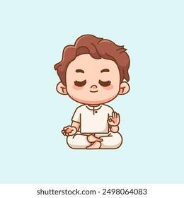 Cute man meditation yoga kawaii chibi character mascot illustration outline style design