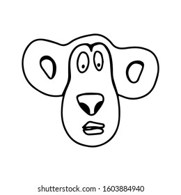 Cute man a monkey with big ears on his face in doodle style isolated on white background. Vector outline stock illustration. Coloring book for kids. Face sign page. Sign animation characters. Print.