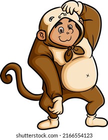 The cute man with a monkey costume is showing off of illustration