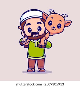 Cute Man Moslem Carry Goat Cartoon Vector Icon Illustration. People Animal Icon Concept Isolated Premium Vector. Flat Cartoon Style