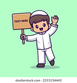 Cute Man Moslem Holding Board Cartoon Vector Icon Illustration. People Religion Icon Concept Isolated Premium Vector. Flat Cartoon Style