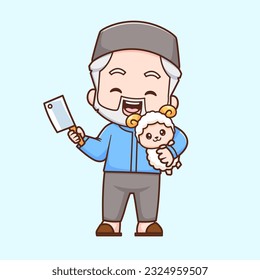 Cute Man Moslem Holding Sheep Cartoon Vector Icon Illustration. People Animal Icon Concept Isolated Premium Vector. Flat Cartoon Style