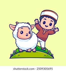 Cute Man Moslem Playing With Sheep Cartoon Vector Icon Illustration. People Animal Icon Concept Isolated Premium Vector. Flat Cartoon Style