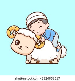 Cute Man Moslem With Sheep Cartoon Vector Icon Illustration. People Animal Icon Concept Isolated Premium Vector. Flat Cartoon Style