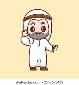 Cute Man Moslem Waving Hand Cartoon Vector Icon Illustration. People Religion Icon Concept Isolated Premium Vector. Flat Cartoon Style