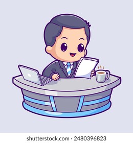 Cute Man News Anchor With Laptop And Hot Coffee Cartoon Vector Icon Illustration. People Technology Icon Concept Isolated Premium Vector. Flat Cartoon Style