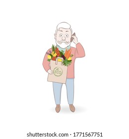 Cute man with a paper bag with vegetables and a smartphone in her hands.Caring for the environment.Vector illustration.