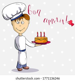 Cute man pastry chef with cake, lettering bon Appetit, cartoon hand drawn vector illustration. Can be used for t-shirt print, kids wear fashion design, baby shower invitation card, design cafe