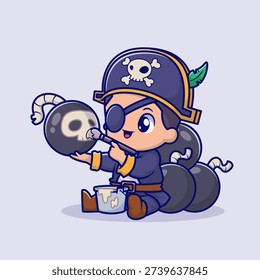 Cute Man Pirate Drawing Skull On Bomb Cartoon Vector Icon Illustration. People Holiday Icon Concept Isolated Premium Vector. Flat Cartoon Style