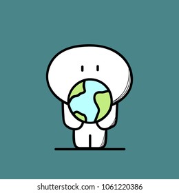 Cute man and planet earth or globe in the hands. Environment, ecology, nature and life protection cartoon vector illustration.