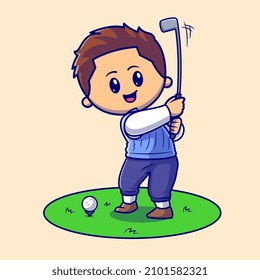 Cute Man Playing Golf Cartoon Vector Icon Illustration. People Sport Icon Concept Isolated Premium Vector. Flat Cartoon Style