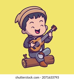 Cute Man Playing Guitar On Forest Cartoon Vector Icon Illustration. People Music Icon Concept Isolated Premium Vector. Flat Cartoon Style