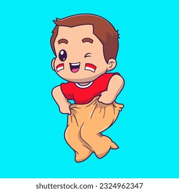 Cute Man Playing Sack Race in Indonesian Independence Day Cartoon Vector Icon Illustration. People Holiday Icon Concept Isolated Premium Vector. Flat Cartoon Style