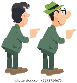 Cute man points his finger at advertisement. Funny people. Illustration concept template for website, web landing page, banner, presentation, social, poster, promotion or print media.