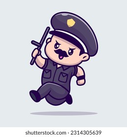 Cute Man Police Running With Stick Baton Cartoon Vector Icon Illustration. People Profession Icon Concept Isolated Premium Vector. Flat Cartoon Style