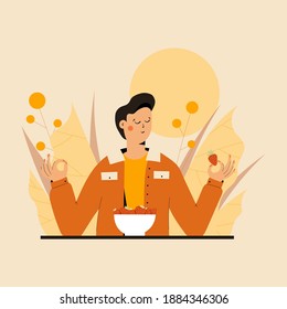 Cute Man practicing mindful eating exercise in nature and leaves. Concept illustration for meditation, relax, recreation, healthy lifestyle, mindfulness practice. Flat trendy vector illustration