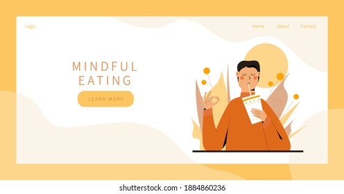 Cute man practicing mindful eating exercise in nature and leaves. Concept illustration for meditation, relax, recreation, healthy lifestyle, mindfulness practice. Landing page, banner design