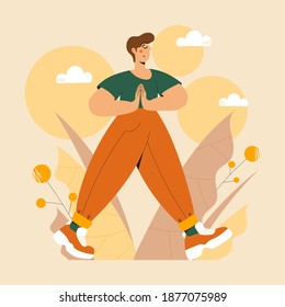 Cute Man practicing mindful walking exercise in nature and leaves. Concept illustration for meditation, relax, recreation, healthy lifestyle, mindfulness practice, spiritual discipline. 