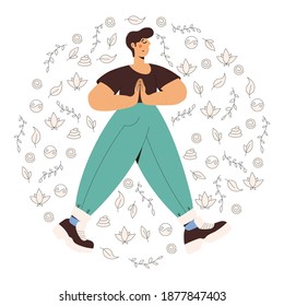 Cute man practicing mindful walking exercise in nature and leaves. Concept illustration for meditation, relax, recreation, healthy lifestyle, mindfulness practice, spiritual discipline.