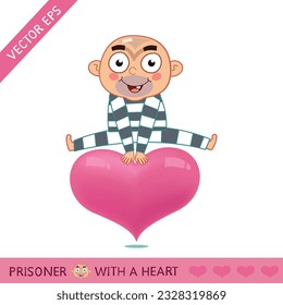 Cute Man Prisoner jumping On Balloon Of Heart Shape. T shirt, Background, Vector Illustration Cartoon EPS Images.