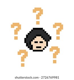 Netter Mann mit Fragezeichen 8 Bit verwirrt Frage Idee denken, wählen Sie Cartoon in Pixel Art Vektor.