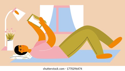 Cute man reading a book. Digital detox. Time at home. Stay home. Male character spending time at leisure reading book. Home interior. Modern flat vector illustration. 