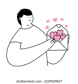 Cute man reading love postcard with smile. pink envelope in a romantic vector. A heart shaped card is in the envelope. Thin line doodle vector illustration on white