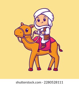 Cute Man Riding Camel Cartoon Vector Icon Illustration. People Animal Icon Concept Isolated Premium Vector. Flat Cartoon Style