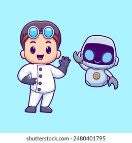 Hombre Lindo Con La Ilustración Del Vector De Dibujos Animados Del Robot. Concepto de ícono de Tecnología de Ciencia Vector de Premium aislado. Estilo plano de dibujos animados