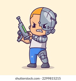 Robot De Hombre Cuto Ciborg Con Ilustración De Icono De Vector De Caricatura De Pistola. Vector Premium Aislado De Concepto De Icono De La Tecnología De La Gente. Estilo de dibujo plano